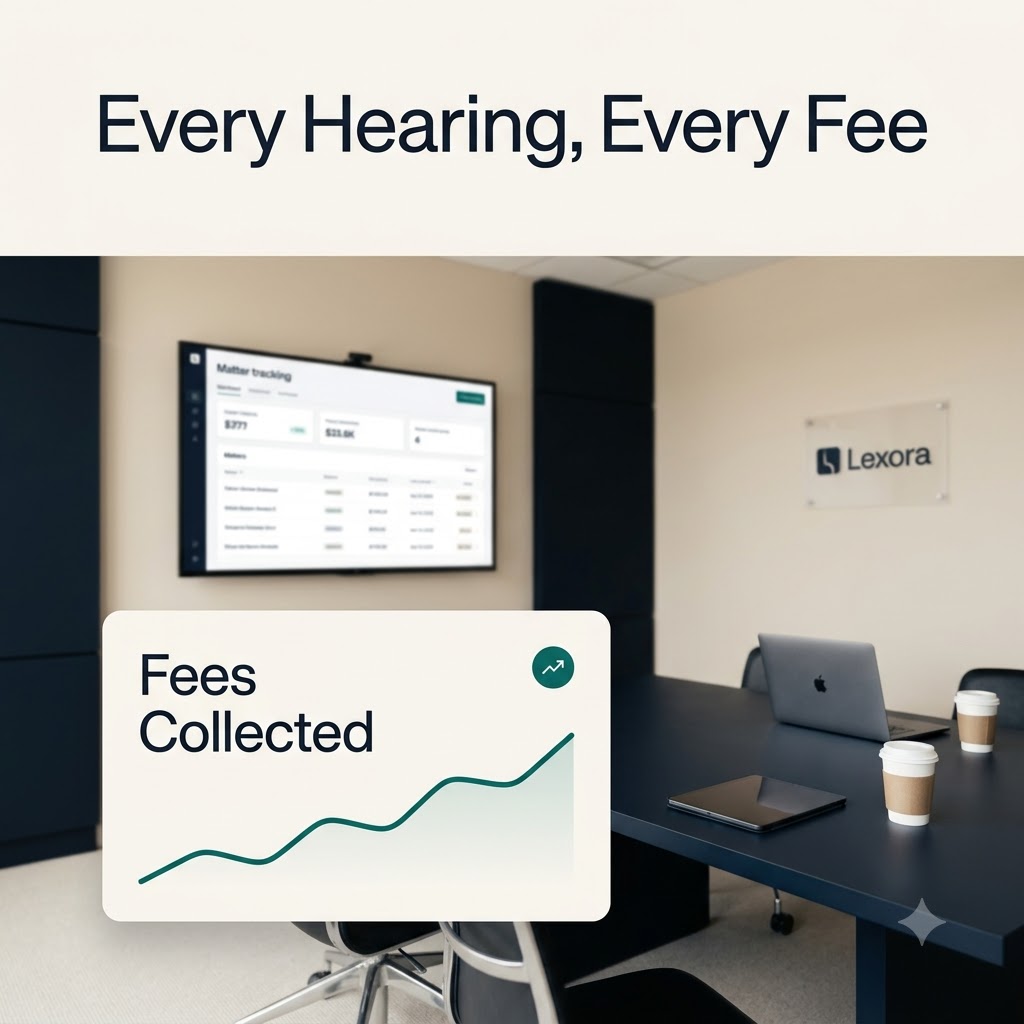 Lexora banner reading Every Hearing, Every Fee, with a fees collected chart in a law office.