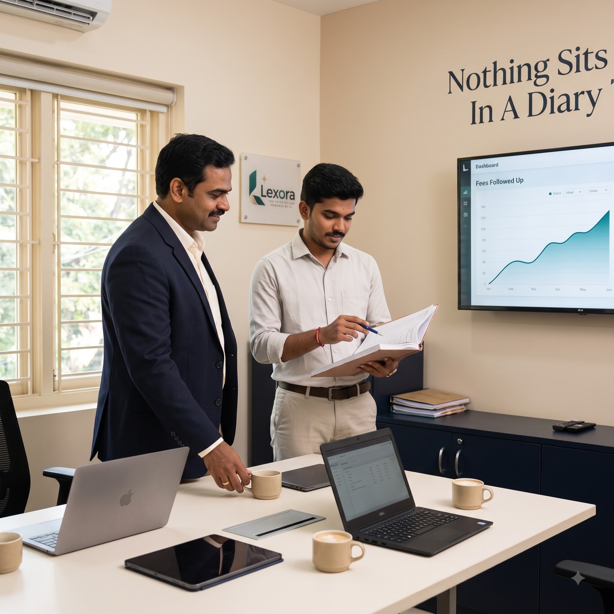 Two advocates reviewing a paper register beside a screen showing fees followed up, under wall words reading Nothing Sits In A Diary.
