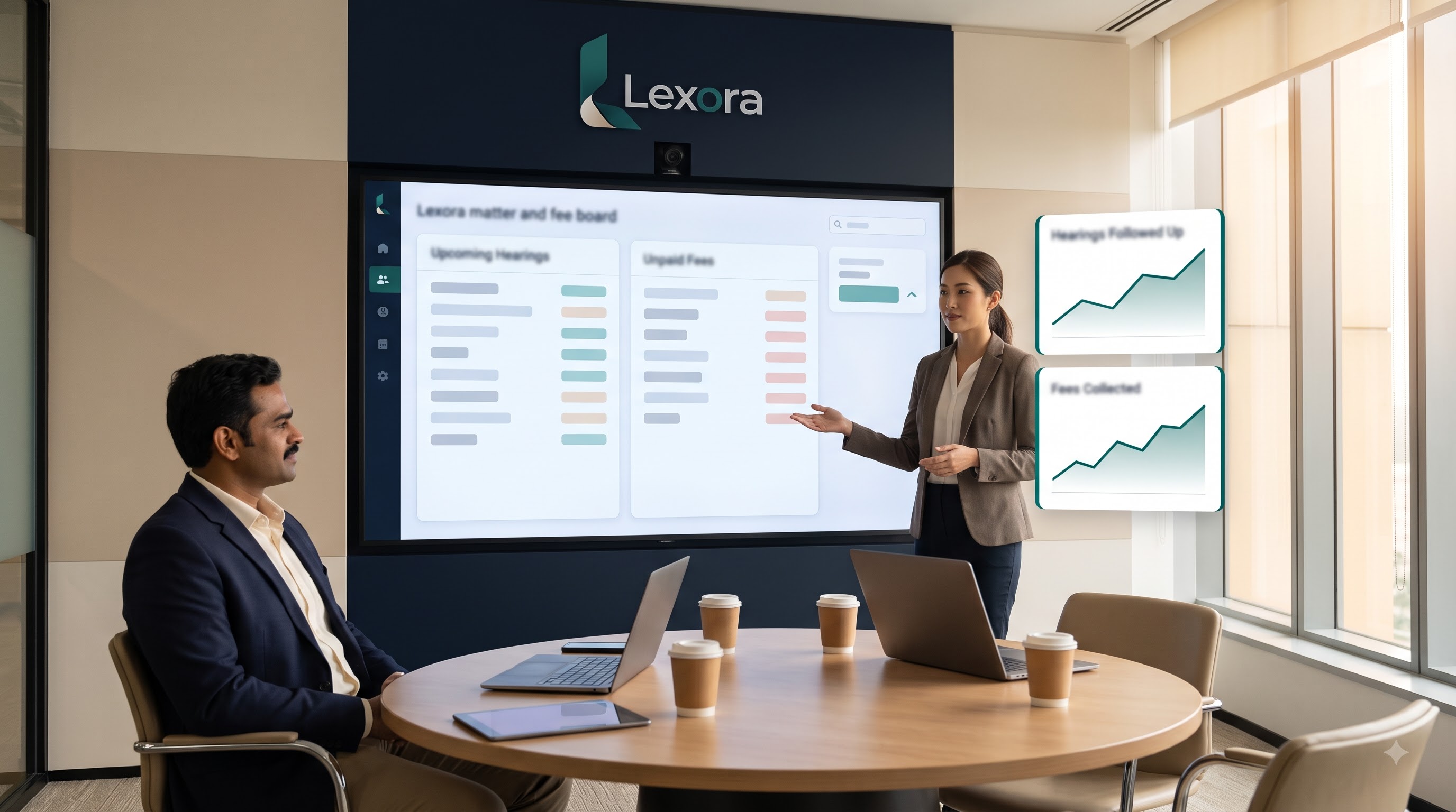 A Lexora matter and fee board being presented on a screen in a meeting room.