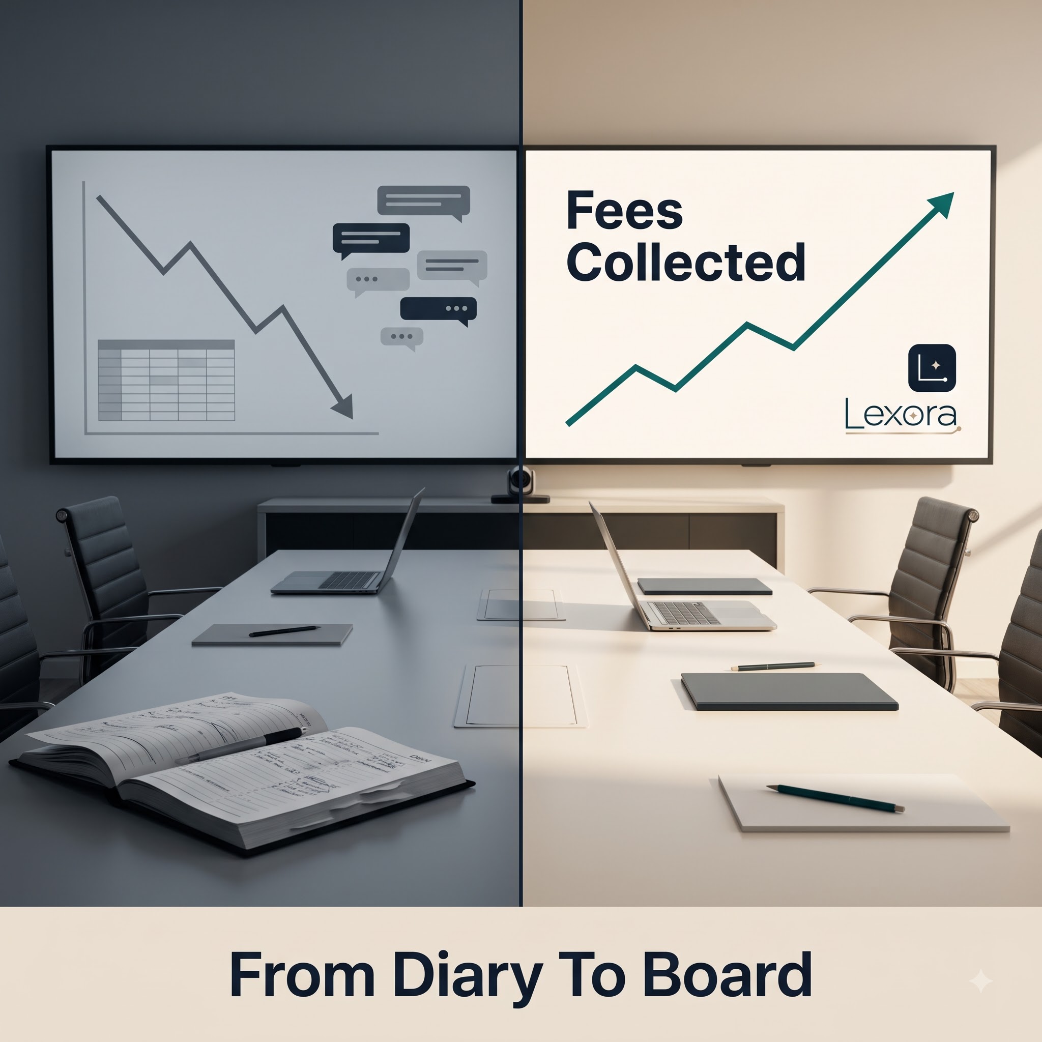 From diary to board: a grey declining diary on the left, a rising fees collected chart on the right.